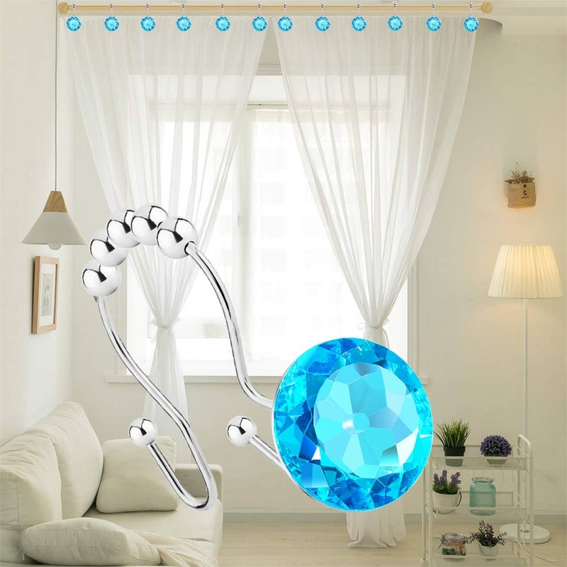 Yapicoco Shower Curtain Hooks Rings for Bathroom, 12PCS Double Hooks Glide Anti Rust Crystal Rhinestones Shower Curtain Rings Hangers for Shower Curtains, Clothing, Towels, etc. (Aqua Blue) - Image 5